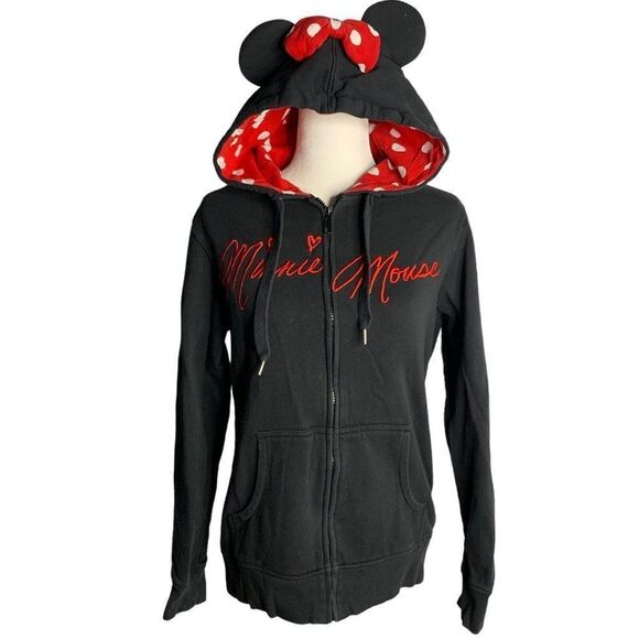 Disney Parks Minnie Mouse Hoodie Sweatshirt L Black Embroidered Full Zip Ears - Picture 1 of 7